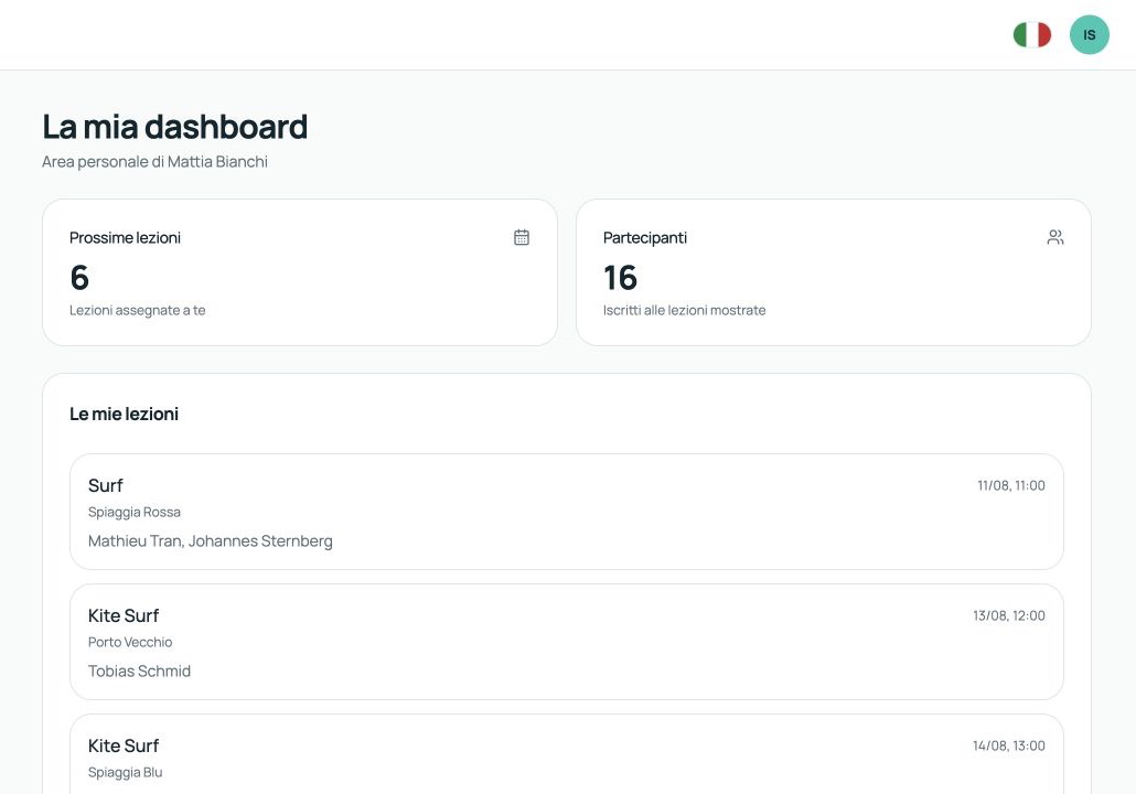 Dashboard personale dell'istruttore in SaltDesk con le lezioni assegnate